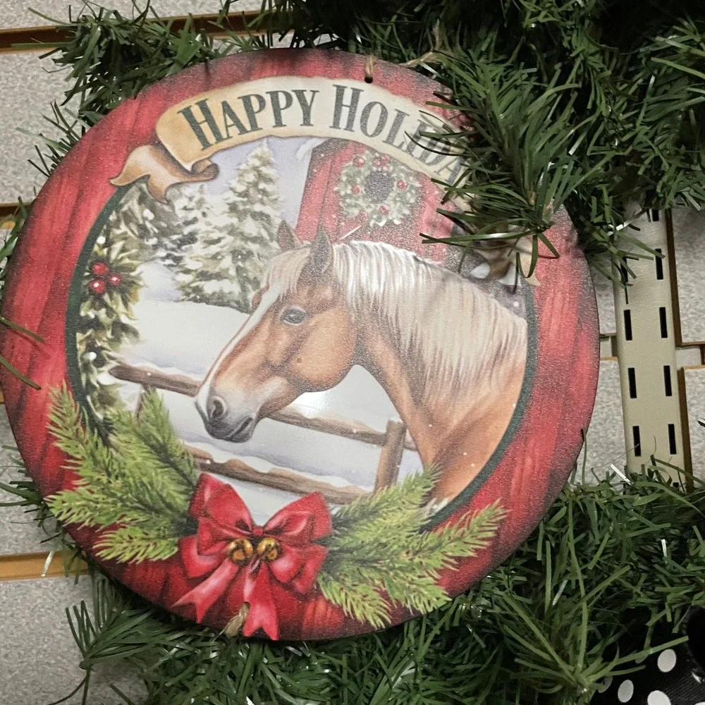 Holiday Horse Christmas Wreath, Farmhouse Decor, Pinecones, Bows, Happy Holidays